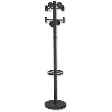 Alba Stan Coat Stand 8 Rounded Coat Pegs Umbrella Holder Base D370mm H1750mm Black