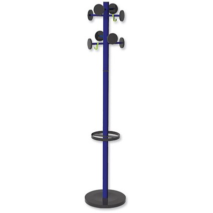 Alba Stan Coat Stand 8 Rounded Coat Pegs Umbrella Holder Base D370mm H1750mm Blue