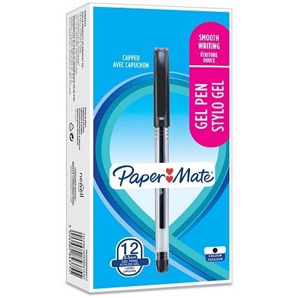 Paper Mate Gel Pen, 0.5mm, Capped Black Ink, Pack of 12
