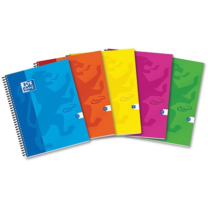 Oxford Touch Wirebound Notebook, A4, Ruled with Margin, 160 Pages, Assorted Colours, Pack of 5