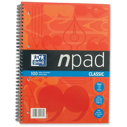 Oxford npad Modern Notebook Twin Wirebound 90gsm Ruled Margin 4 Holes 100 Pages A4+ [Pack 3]