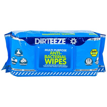 Dirteeze Antibacterial Wipes, Soft Dispenser Pack, Blue, 200 Wipes