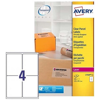 Avery Laser Parcel Labels, 4 per Sheet, 139x99.1mm, Clear Gloss, L7569-25, 100 Labels