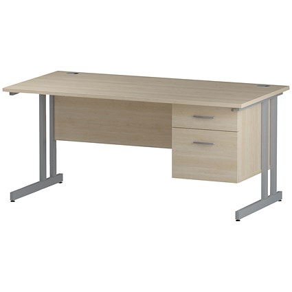 Trexus 1600mm Rectangular Desk, Silver Legs, 2 Drawer Pedestal, Maple