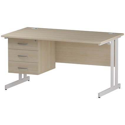 Trexus 1400mm Rectangular Desk, White Legs, 3 Drawer Pedestal, Maple