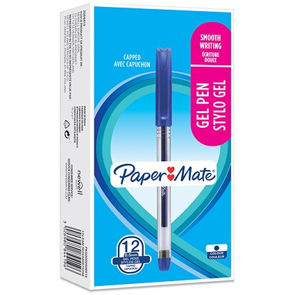 Paper Mate Gel Pen, 0.5mm, Capped Blue Ink, Pack of 12
