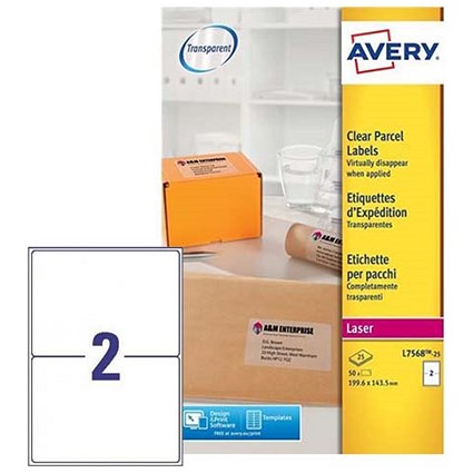 Avery Laser Parcel Labels, 2 per Sheet, 199.6x143.5mm, Clear Gloss, L7568-25, 50 Labels
