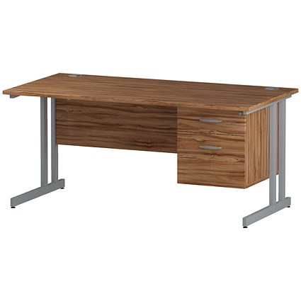Trexus 1600mm Rectangular Desk, Silver Legs, 2 Drawer Pedestal, Walnut
