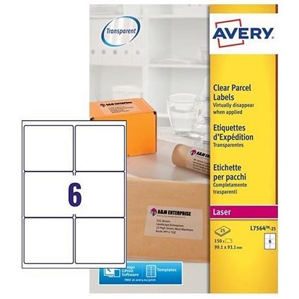 Avery Laser Parcel Labels, 2 per Sheet, 99.1x93.1mm, Clear Gloss, L7566-25, 150 Labels
