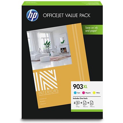 HP 903XL High Yield Inkjet Value Pack - Cyan, Magenta, Yellow & Paper (3 Cartridges)