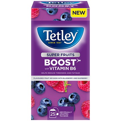 Tetley Super Green Tea Boost Raspberry and Blueberry with Vitamin B6 - Pack of 25