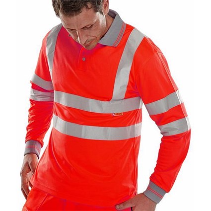 B-Seen Hi-Visibility Polo Shirt, Long Sleeved, EN ISO20471, Large, Red