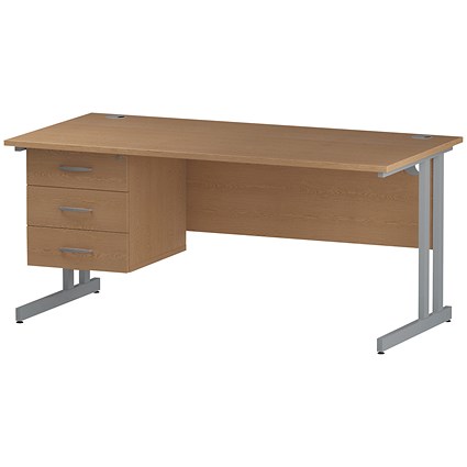 Trexus 1600mm Rectangular Desk, Silver Legs, 3 Drawer Pedestal, Oak