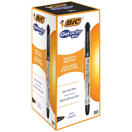 Bic Gel-ocity Stic Gel Pens, 0.5mm Tip, Black, Pack of 30
