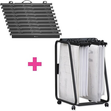 Arnos Hang-A-Plan Medium Front Load Trolley and 10 x A1 QuickFile Binders