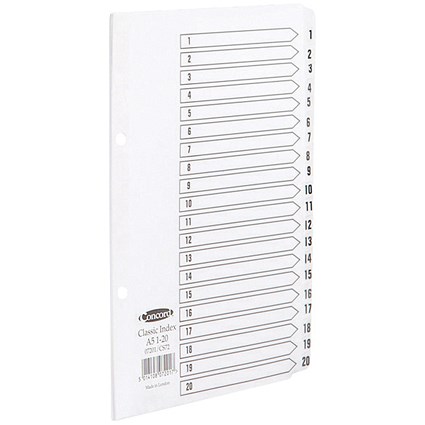 Concord Classic Index Dividers, 1-20, Mylar Tabs, A5, White