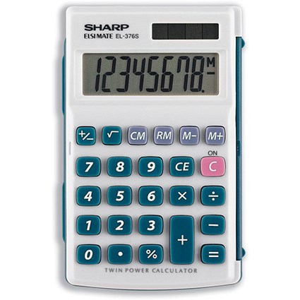 Sharp Calculator Handheld Battery Solar-power 8 Digit 4 Key Memory 72x115x12mm Ref EL376SB