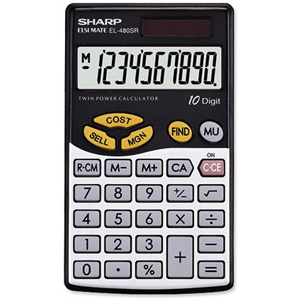 Sharp Calculator Handheld Battery Solar-power 10 Digit 3 Key Memory 69x119x7mm Ref EL480SB