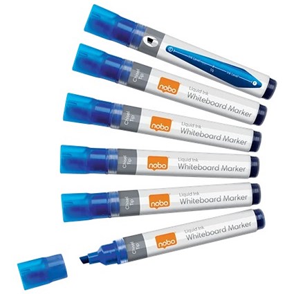 Nobo Liquid Ink Whiteboard Pens, Chisel Tip, Blue, Pack of 10 Nobo Liquid Ink Whiteboard Pens, Chisel Tip, Blue, Pack of 10