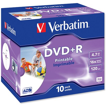 Verbatim DVD+R Recordable Disk Inkjet Printable Write-once Cased 16x 120min 4.7Gb [Pack 10]