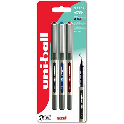 Uni-Ball EYE Fine UB-157 Rollerball Pen 0.7mm Tip Black/Blue/Red Blister Pack Plastic Free Packaging (Pack 3) -