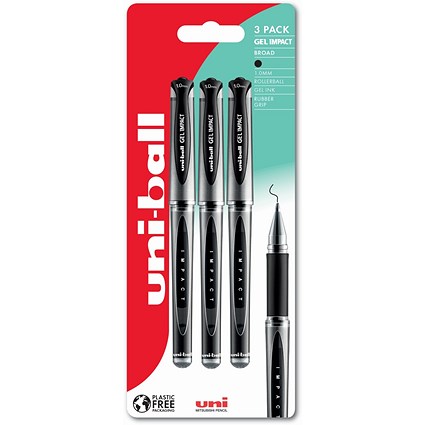 Uni-Ball Signo Gel Impact UM-153S Rollerball Pen 1.0mm Tip Black Blister Pack Plastic Free Packaging (Pack 3) -
