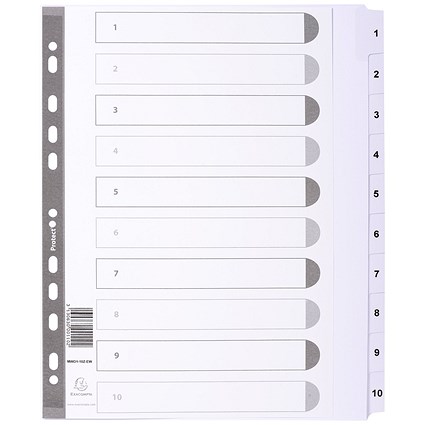 Exacompta 1-10 A4 Extra Wide Dividers, 160gsm Card, White with White Mylar Tabs -