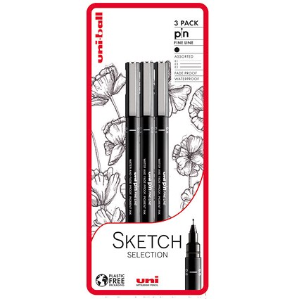 uni PIN Sketch Selection Pigment Ink Fine Line Pen 01mm 0.3mm Tip & 0.5mm Tip Blister Plastic Free Packaging (Pack 3) -