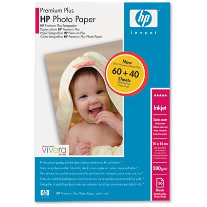 Hewlett Packard [HP] Premium Plus Photo Paper Satin-Matt 280gsm 100x150mm [100 Sheets]