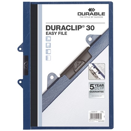 Durable A4 Duraclip Easy File Folders, 3mm Spine, Dark Blue, Pack of 25