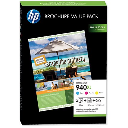 HP 940XL High Yield Brochure Value Pack - Includes 3 Cartridges and 100 Sheets of A4 Paper
