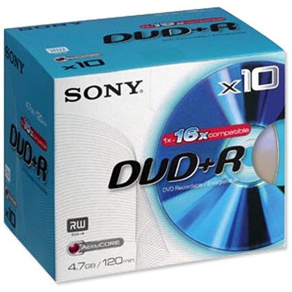Sony DVD+R Recordable Disk Write-once Slim Cased 16x Speed 6Hrs 4.7Gb [Pack 10]