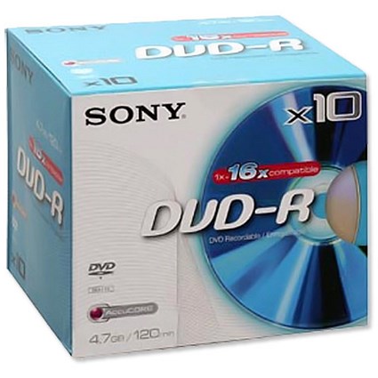 Sony DVD-R Recordable Disk Write-once Slim Cased 16x Speed 6Hrs 4.7Gb [Pack 10]
