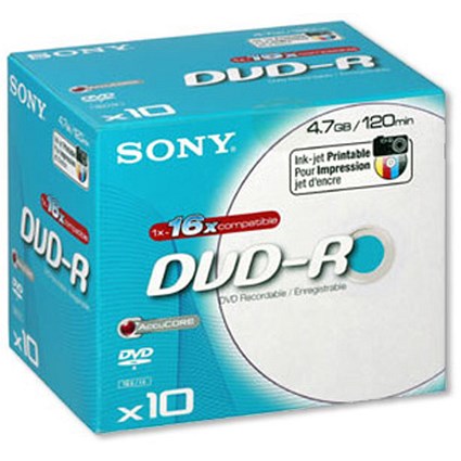Sony DVD-R Recordable Disk Inkjet Printable Cased 16x Speed 120min 4.7Gb [Pack 10]