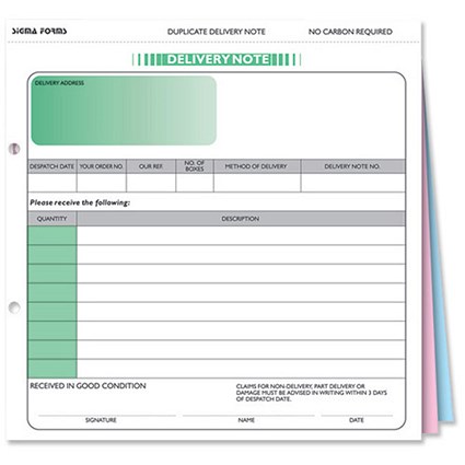 Sigma Delivery Note Business Form - 203mm x 215mm - 3 Part Set - White/Pink/Blue - Pack of 50 -