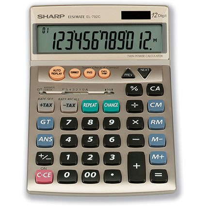 Sharp Calculator Tax Desktop Tax Battery/Solar-power 12 Digit 106x177x19mm Ref EL792C