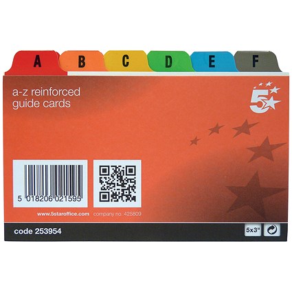 5 Star Guide Cards, A-Z, 127x76mm, White with Coloured Tabs, Pack of 24