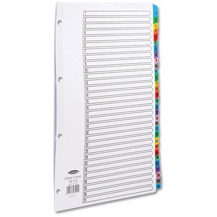 Concord Index Dividers, 1-31, Multicoloured Mylar Tabs, A4, White