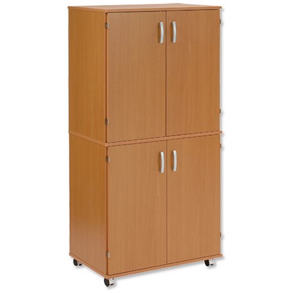 Trexus Mobile PC Cabinet Tall with Top Doors and Shelving W750xD510xH1584mm Beech