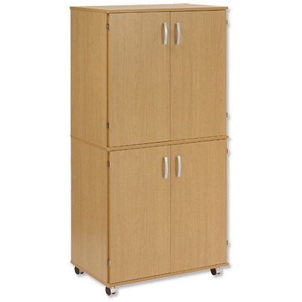 Trexus Mobile PC Cabinet Tall with Top Doors and Shelving W750xD510xH1584mm Oak