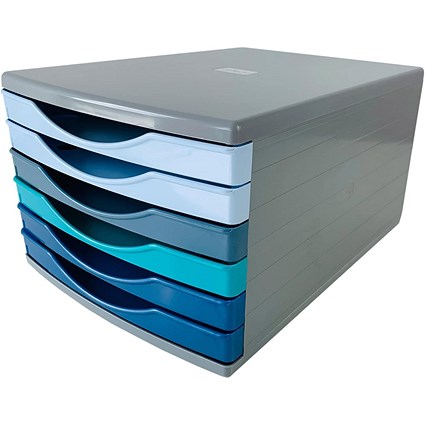 Deflecto Cool Breeze A4 Desktop Drawer Organiser 6 Drawers - 6 x 30mm Drawer Tower Unit Deep Blue and Aqua -
