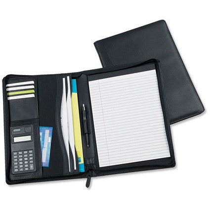 Masters Folio Zipped Leather-look with CD/Business Card Pockets plus Ruled Pad and Pen Holder