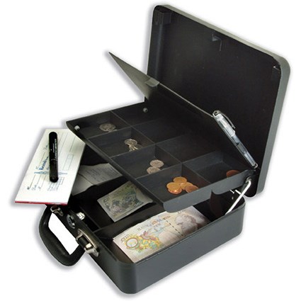 Petty Cash Box With Lock With Organiser Coin Tray 8 Part and Note Section 3 Part W305xD250xH90mm