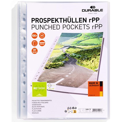 Durable Premium Recycled A4 Punched Pockets, Clear, Pack of 100