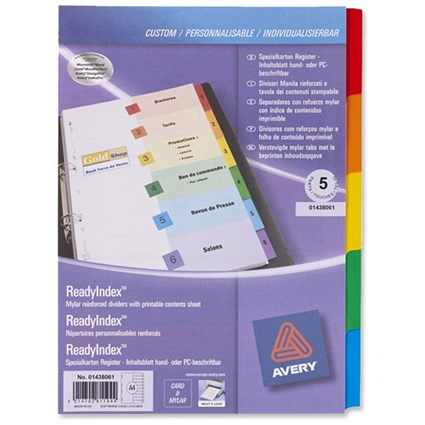 Avery IndexMaker Divider Set Punched with Coloured Tabs 5-Part A4 Assorted