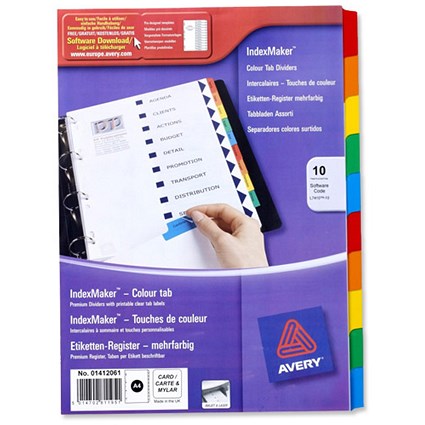 Avery IndexMaker Divider Set Punched with Coloured Tabs 10-Part A4 Assorted