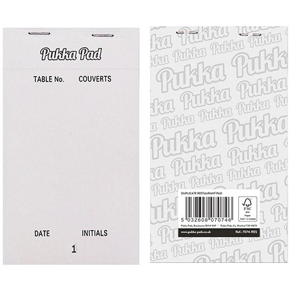 Pukka Pads Restaurant Pad NCR Duplicate Numbered Pages 95mm x 165mm White (Pack 5) - 7074-RES