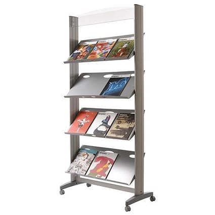 Fast Paper Literature Mobile Display / 1-Sided / 4 Metal Shelves / Wide / Silver