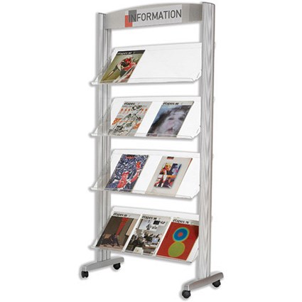 Fast Paper Literature Display Mobile 1-sided 4 Plastic Shelves 38mm Lip W825xD385xH1680mm