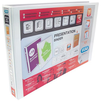 Elba Panorama Presentation Ring Binder, A3, 4 D-Ring, 30mm Capacity, White, Pack of 2